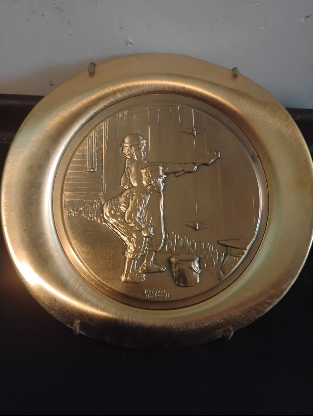 Vintage Brass Collector Plate Featuring Children Playing with Birds